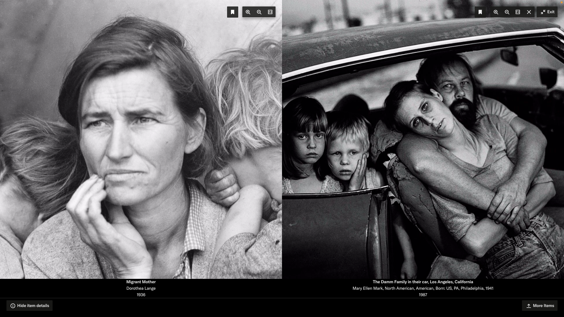 A side-by-side comparison of two iconic documentary photographs. On the left is Dorothea Lange’s "Migrant Mother" (1936), a black-and-white image of a worn-faced woman with two children leaning against her, representing the struggles of the Great Depression. On the right is Mary Ellen Mark’s "The Damm Family in Their Car, Los Angeles, California" (1987), depicting a disheveled family inside a run-down car, with a mother leaning into the father’s arms and children staring solemnly at the camera, symbolizing hardship and poverty in late-20th-century America.